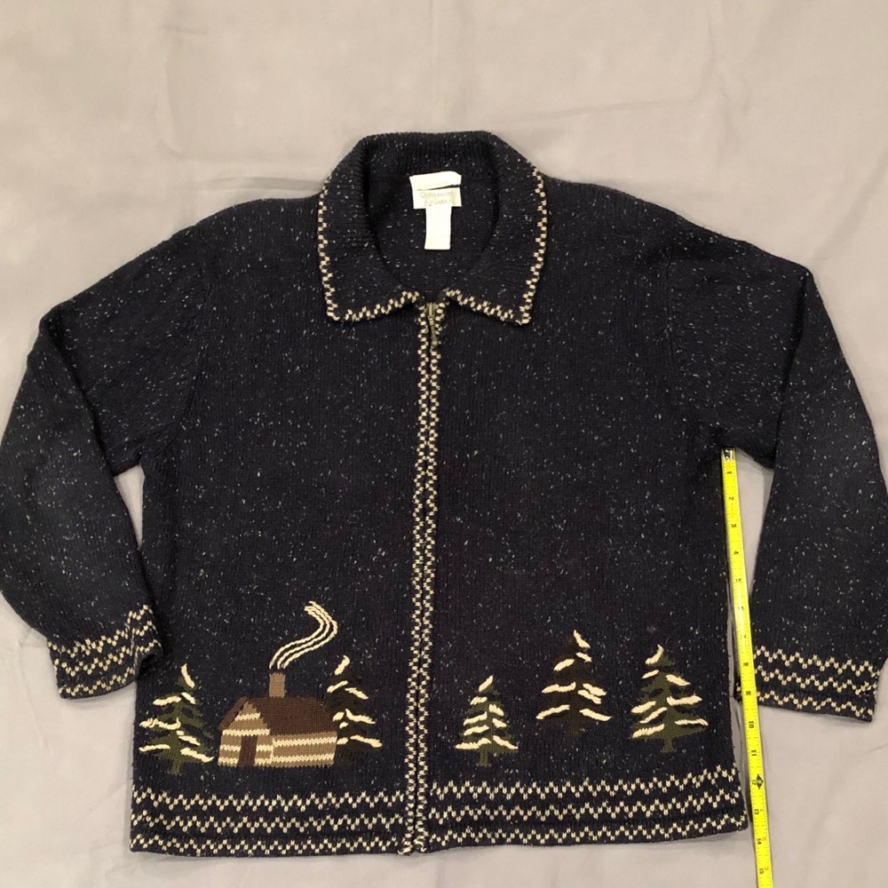Christopher & Banks Navy Cabin Motif Zip-Up Cardigan